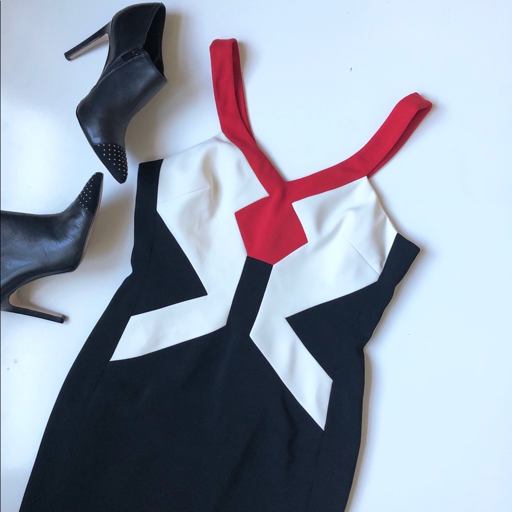 JAYGODFREY Black White Red Colorblock Sheath Dress